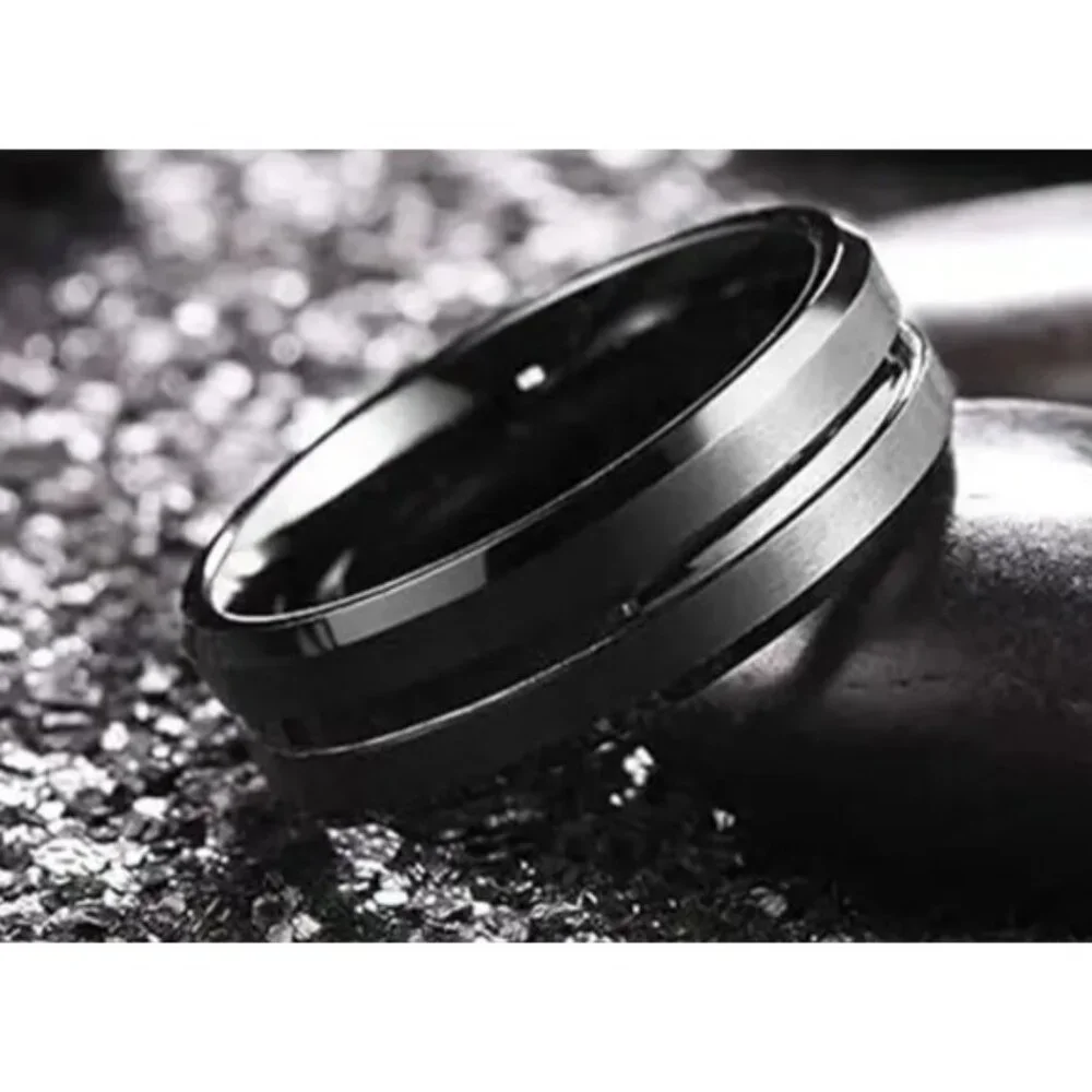 Tungsten Steel Matte Black Brushed Finish Double Beveled minimalist wedding ring